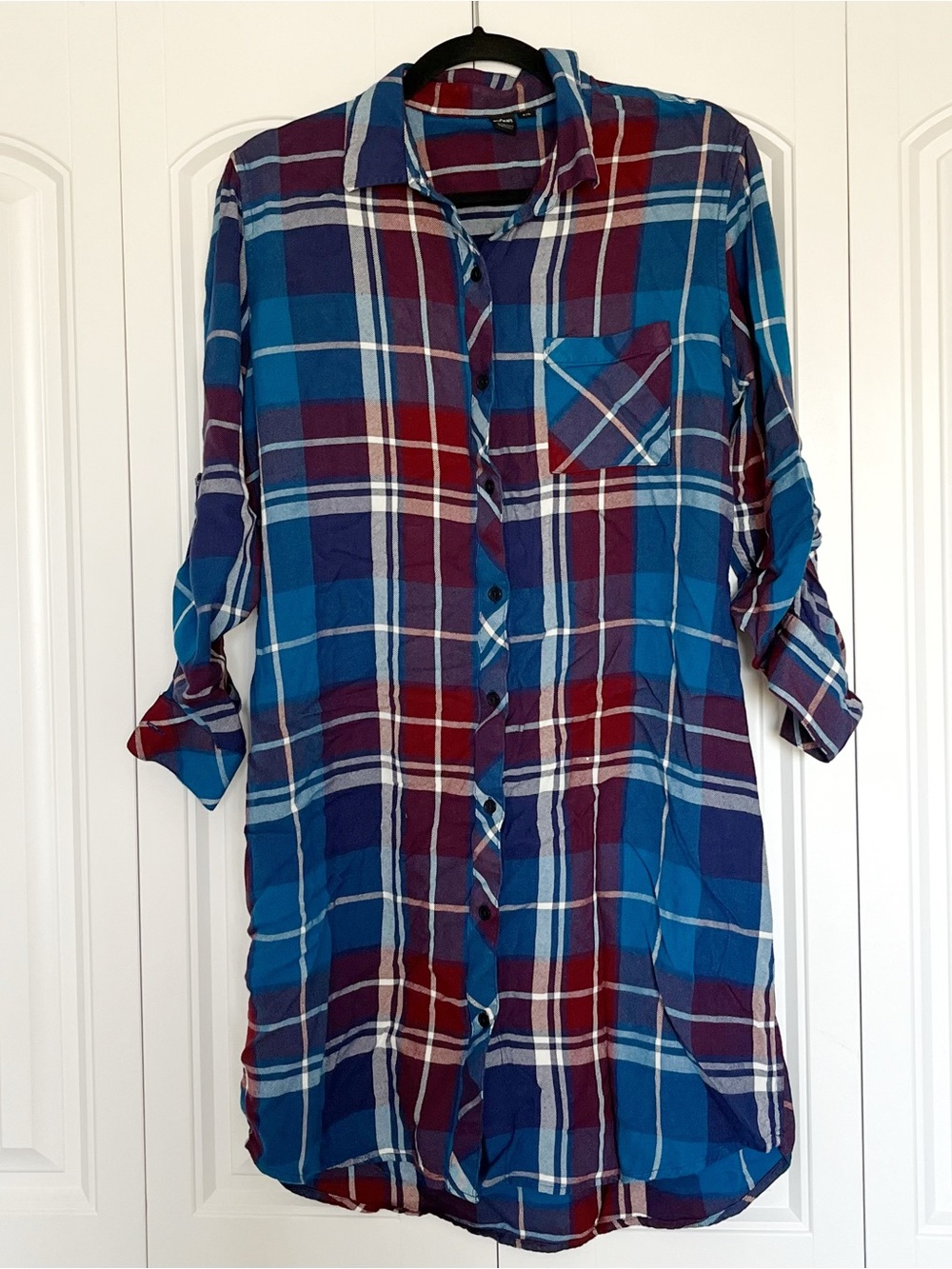 Icōne Blue and Burgundy Plaid Button-Down Shirt Dress